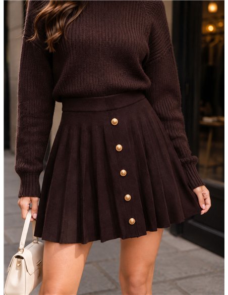 Gold-button pleated mini knit skirt