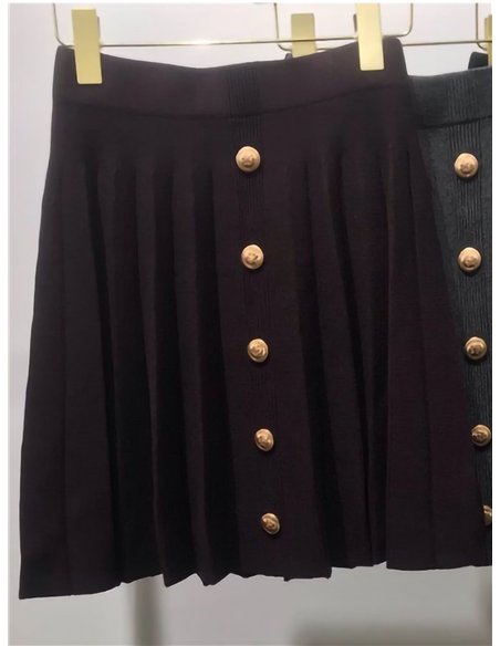 Gold-button pleated mini knit skirt