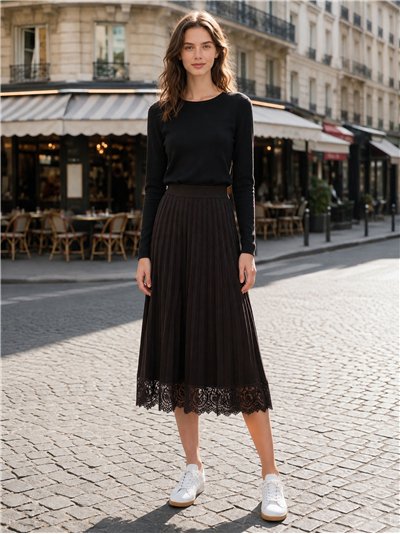 Falda midi plisada de punto con encaje