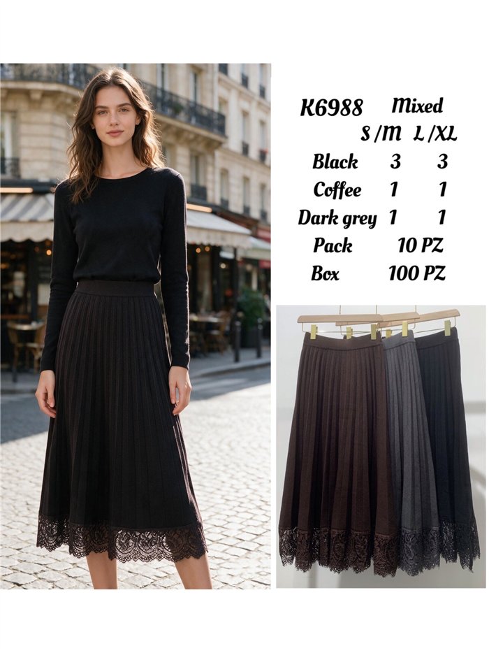 Falda midi plisada de punto con encaje