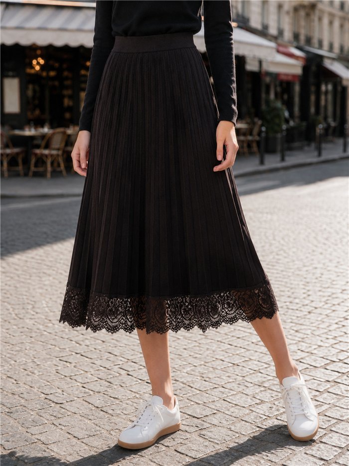 Falda midi plisada de punto con encaje