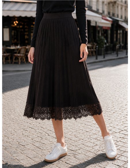 Falda midi plisada de punto con encaje
