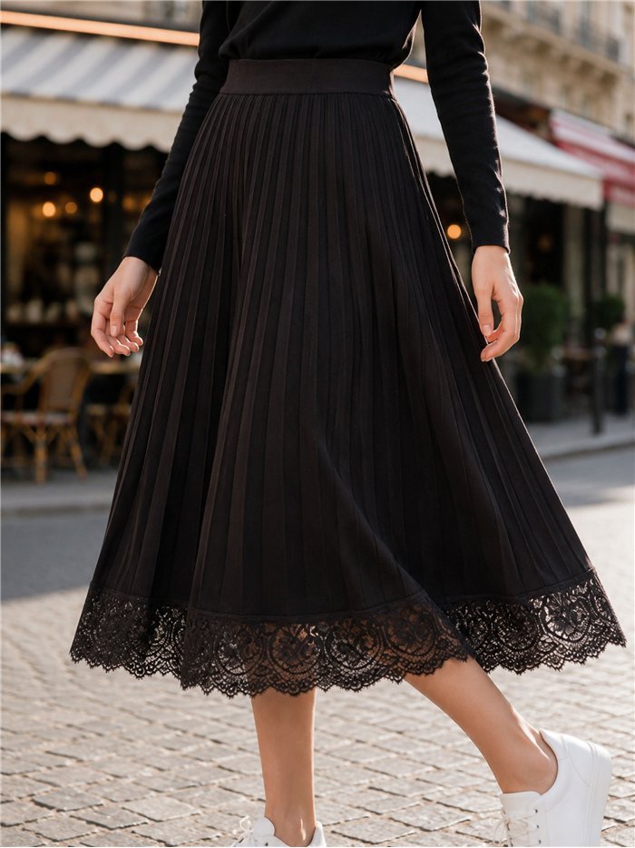 Falda midi plisada de punto con encaje