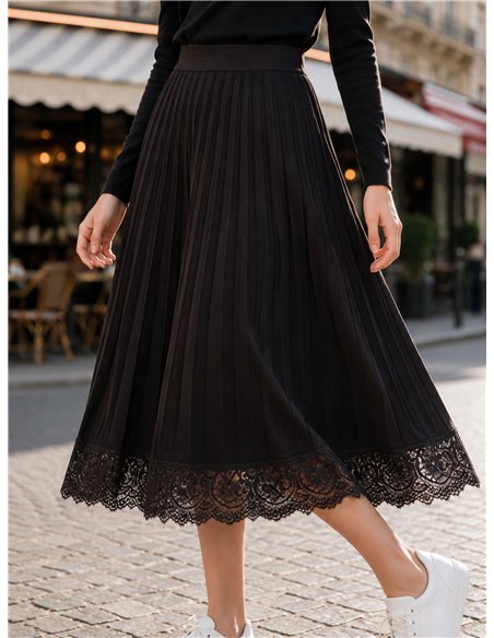 Falda midi plisada de punto con encaje