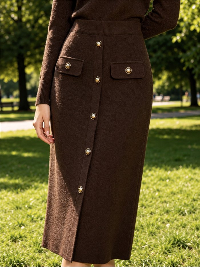 Falda midi de punto con botones metálicos
