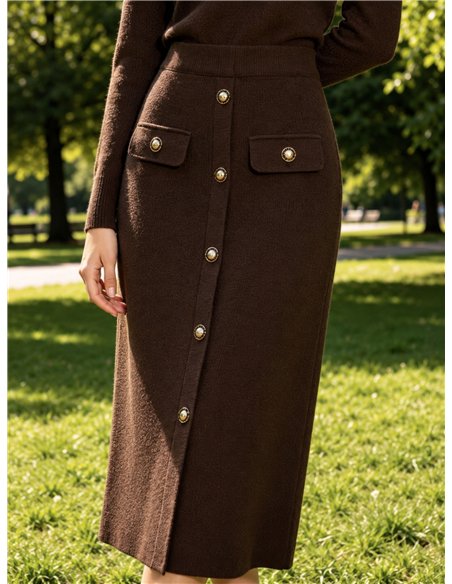Falda midi de punto con botones metálicos