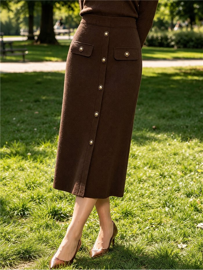 Falda midi de punto con botones metálicos