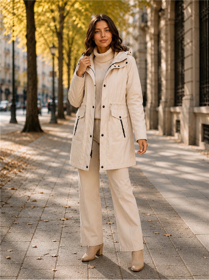 Parka con vita e cappuccio regolabili.