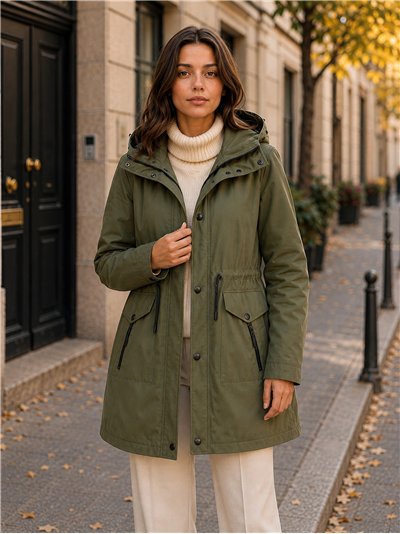 Parka con vita e cappuccio regolabili.