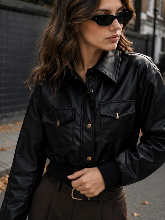 Giacca corta in similpelle con tasche | MF-MF-MF013-1-BLACK