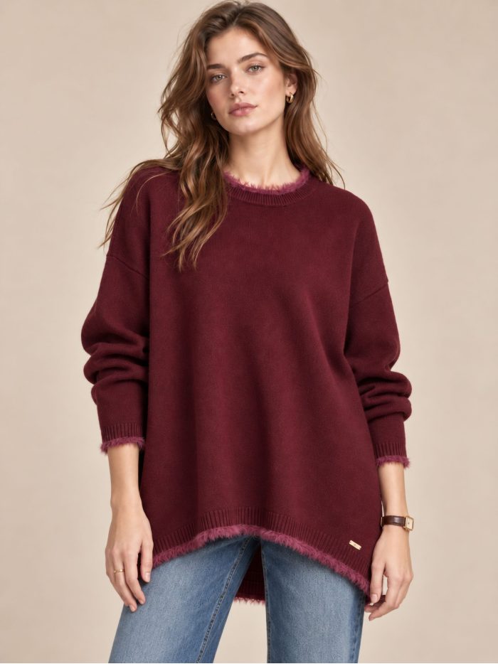 Pull oversize à ourlet asymétrique et bordure en fourrure | DB-F9834