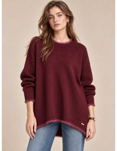 Pull oversize à ourlet asymétrique et bordure en fourrure | DB-F9834