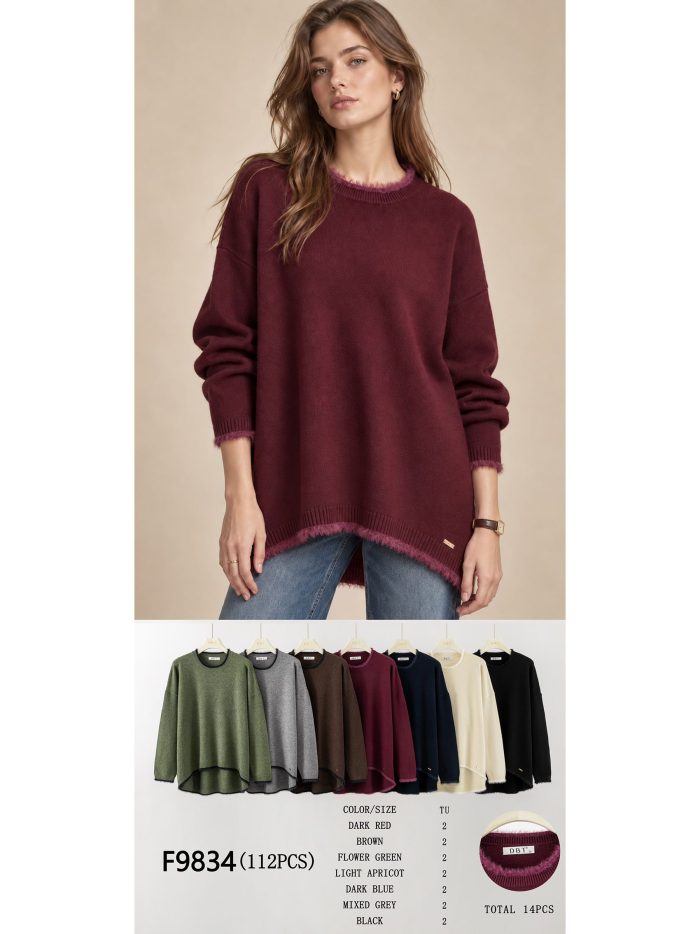 Pull oversize à ourlet asymétrique et bordure en fourrure | DB-F9834