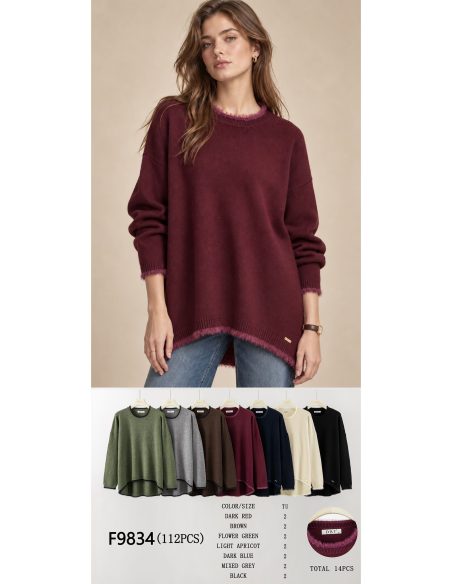 Pull oversize à ourlet asymétrique et bordure en fourrure | DB-F9834
