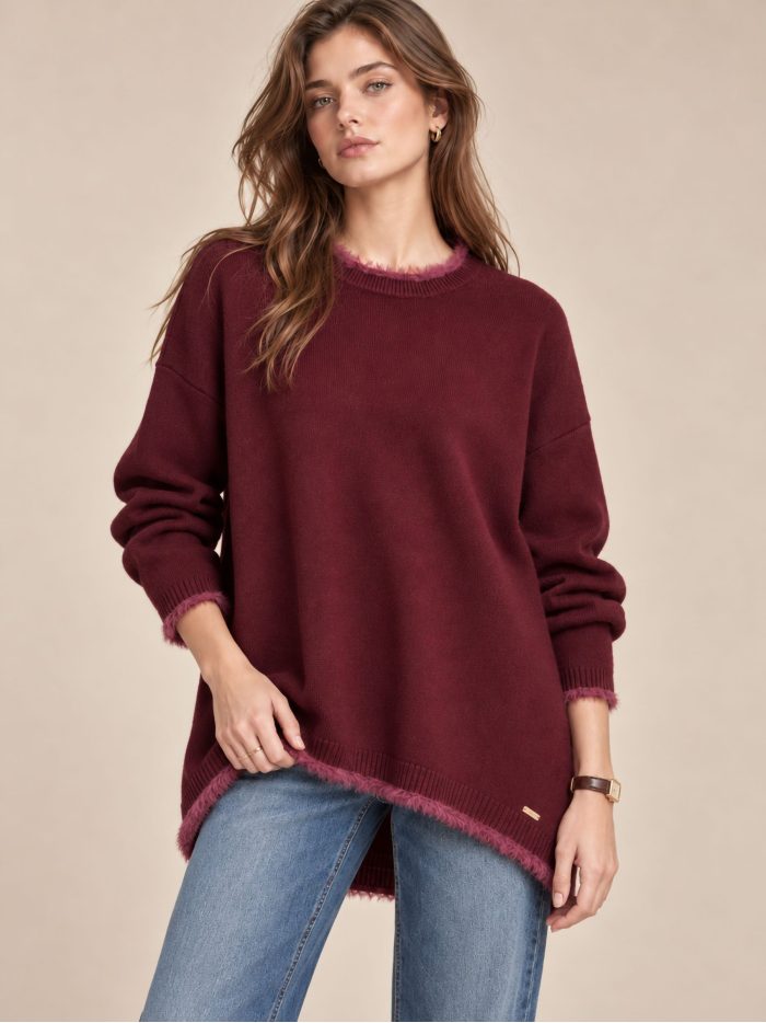 Pull oversize à ourlet asymétrique et bordure en fourrure | DB-F9834