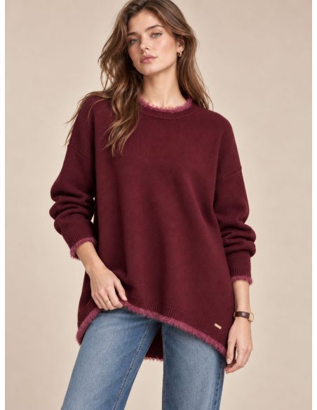 Pull oversize à ourlet asymétrique et bordure en fourrure | DB-F9834