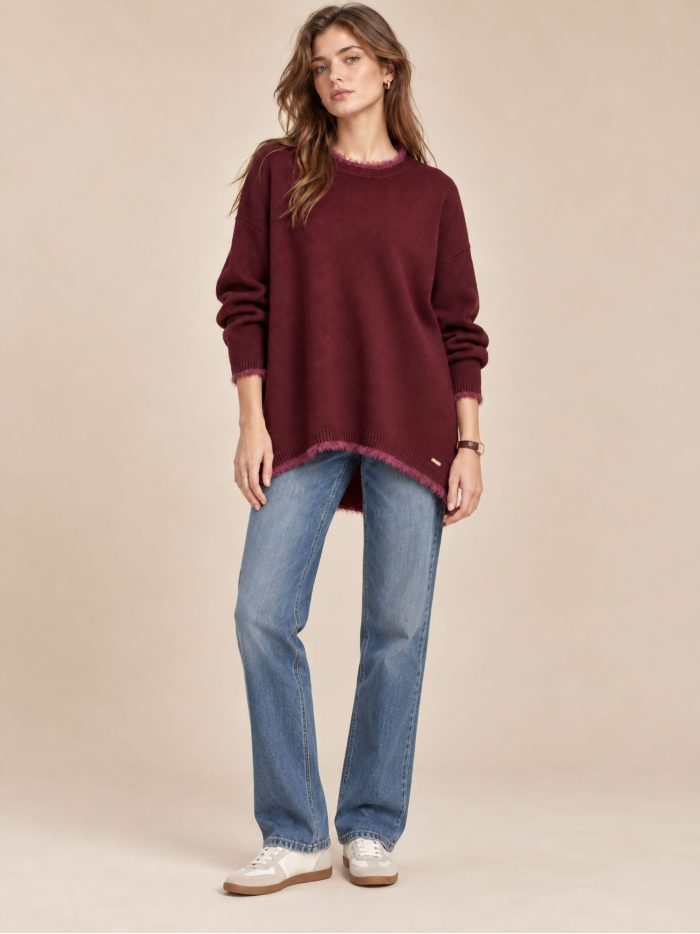Pull oversize à ourlet asymétrique et bordure en fourrure | DB-F9834