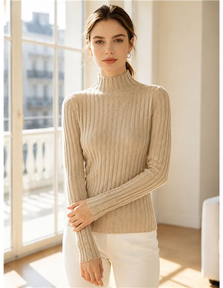 Ribbed mock neck button sweater