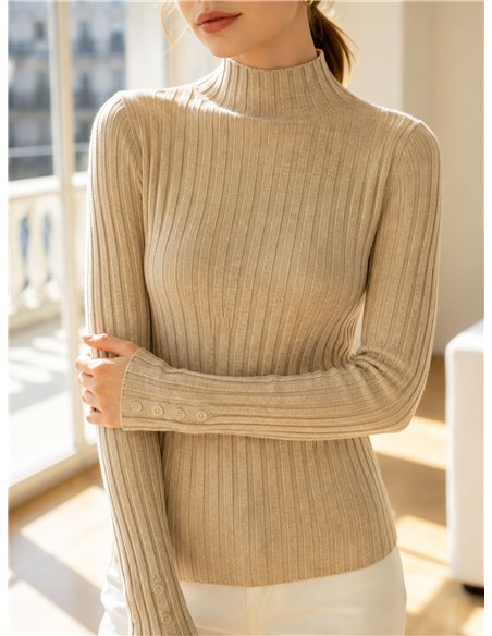Ribbed mock neck button sweater