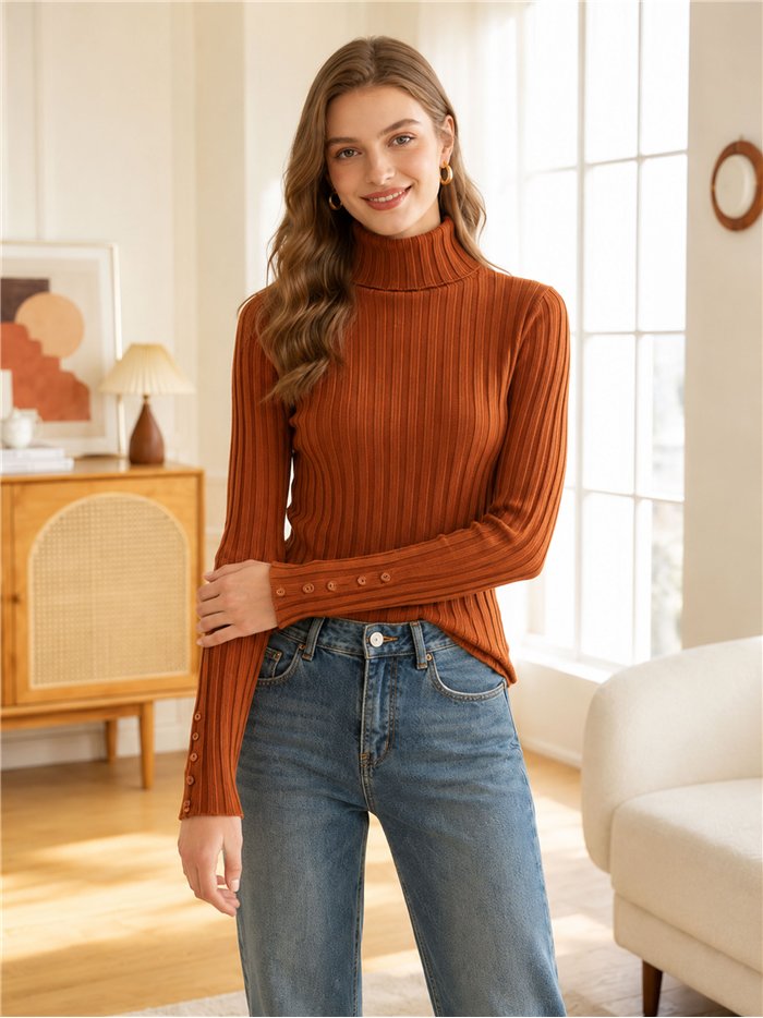 Pull côtelé à col rabattu et poignets boutonnés