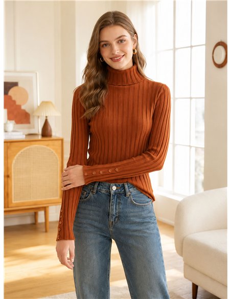 Pull côtelé à col rabattu et poignets boutonnés