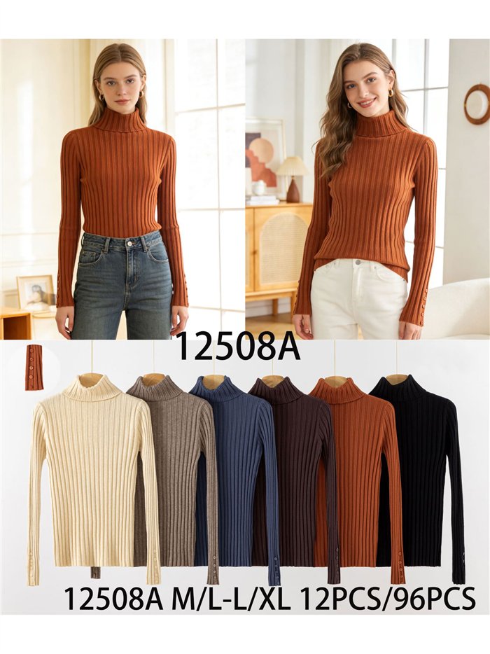 Pull côtelé à col rabattu et poignets boutonnés