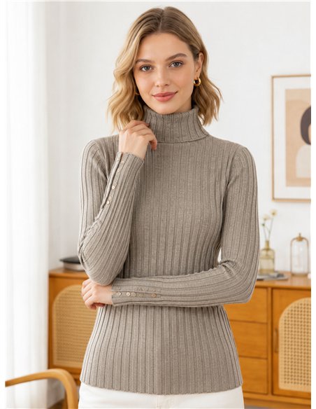 Gerippter Pullover mit Umlegekragen und geknöpften Manschetten
