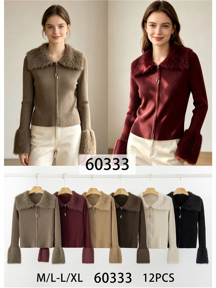 Veste côtelée avec col et poignets en fourrure