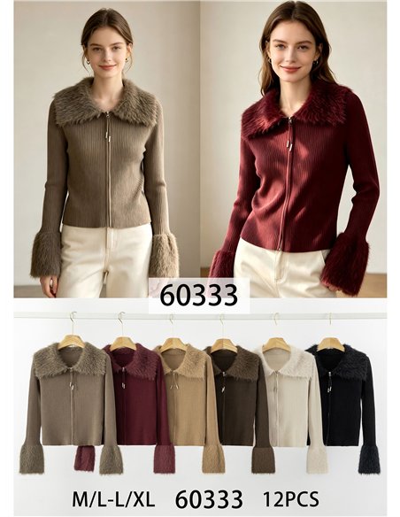 Veste côtelée avec col et poignets en fourrure