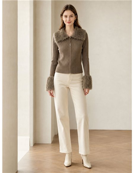 Veste côtelée avec col et poignets en fourrure