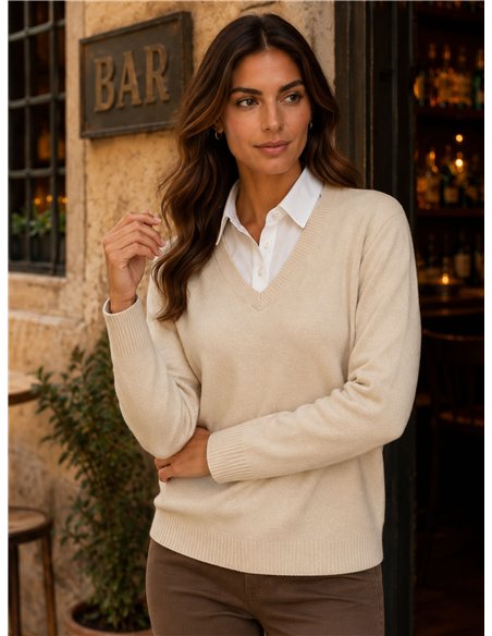 Jersey cuello pico efecto camisa
