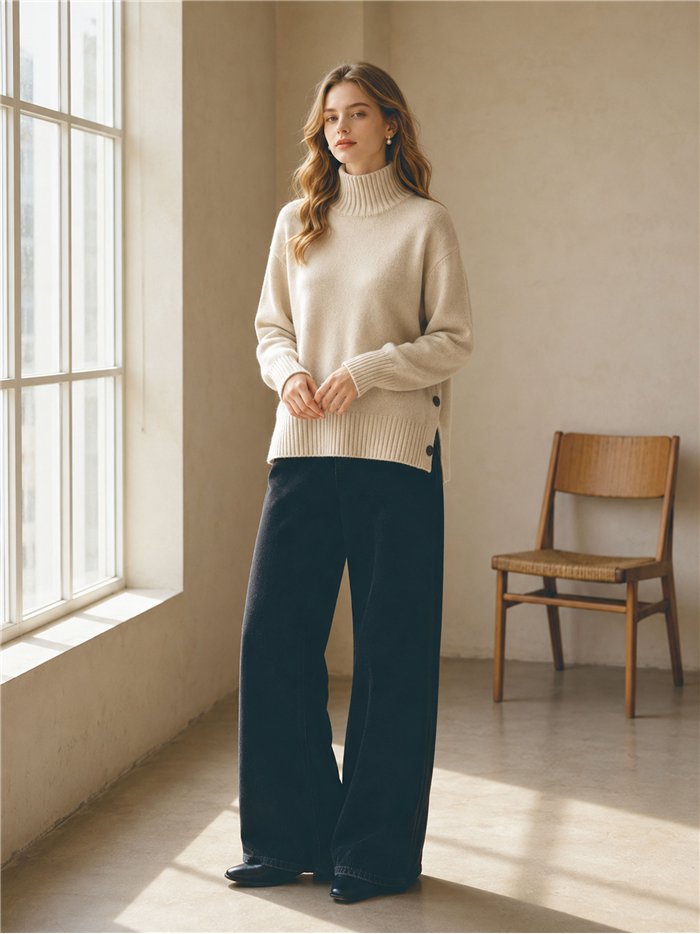 Rollkragenpullover mit seitlichen Knöpfen