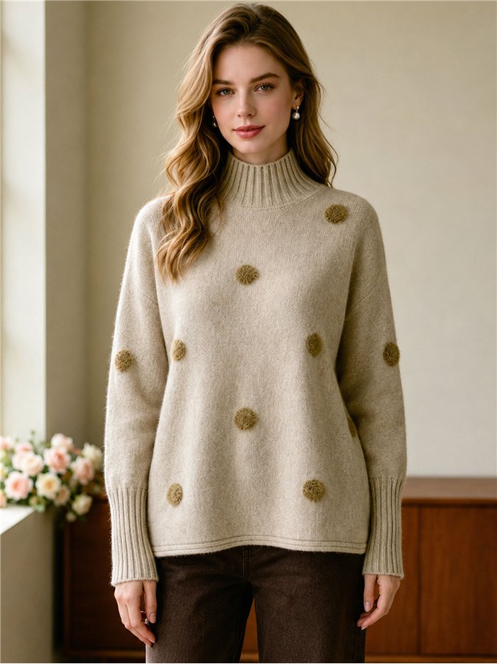 Jersey cuello alto pompones de pelo