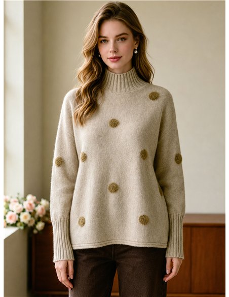 Jersey cuello alto pompones de pelo