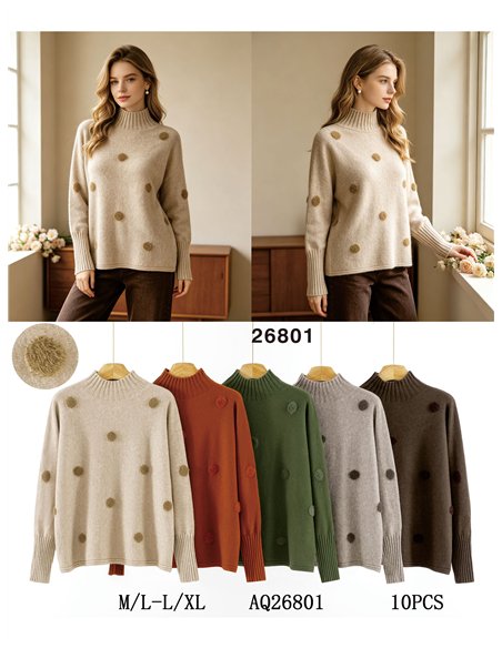 Jersey cuello alto pompones de pelo
