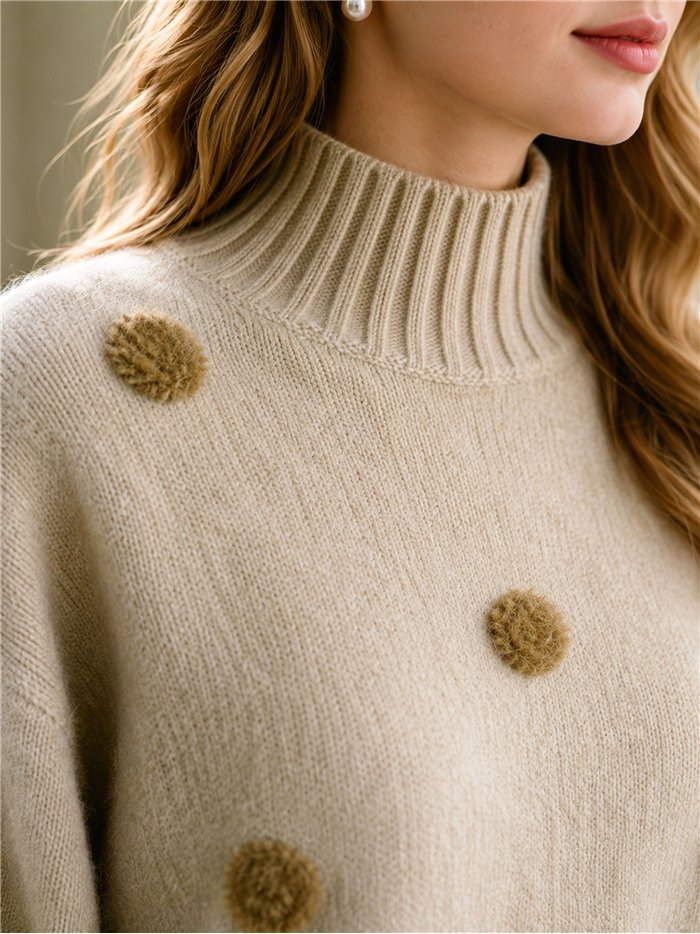 Jersey cuello alto pompones de pelo