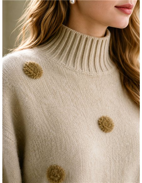 Jersey cuello alto pompones de pelo