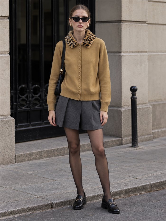 Cardigã com gola de pele em estampa animal