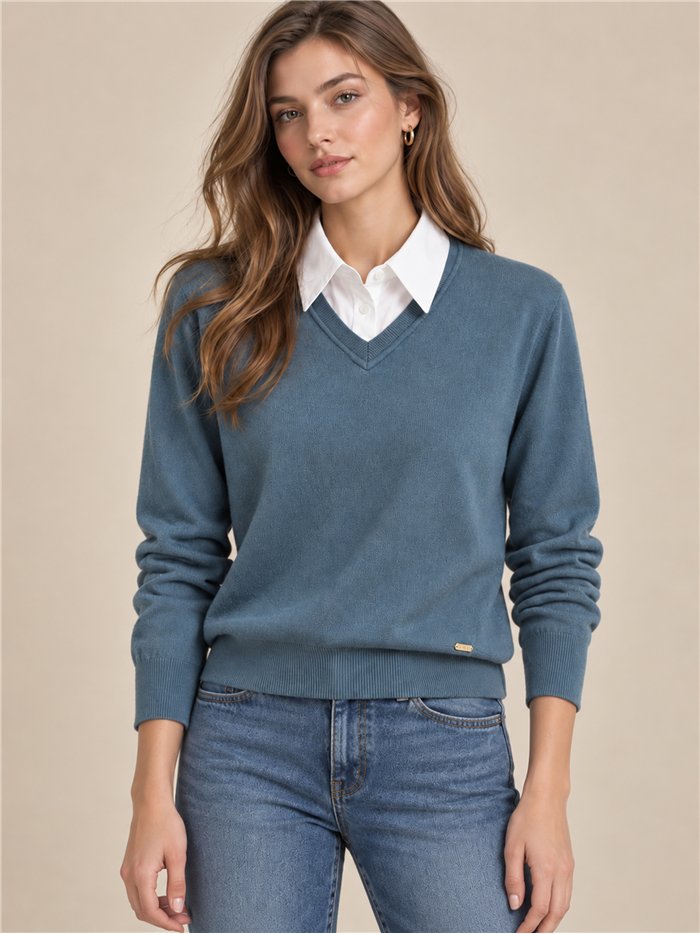 Pull à col V effet chemise