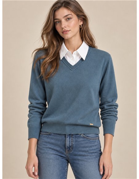 Pull à col V effet chemise