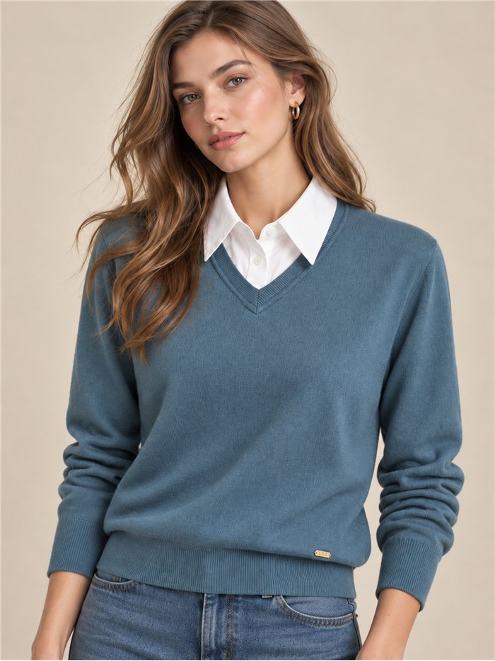Pull à col V effet chemise