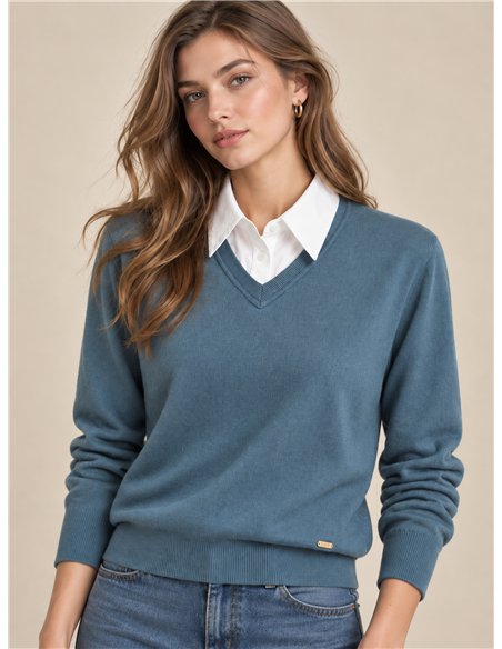Pull à col V effet chemise