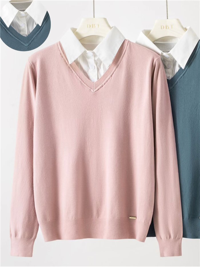 Pull à col V effet chemise