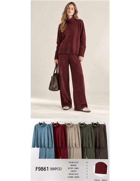Conjunto jersey cuello vuelto y pantalón wide leg