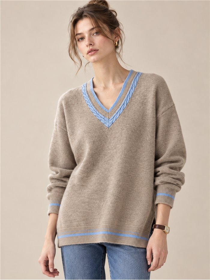 Jersey cuello pico trenzado contraste