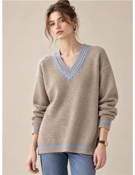 Jersey cuello pico trenzado contraste