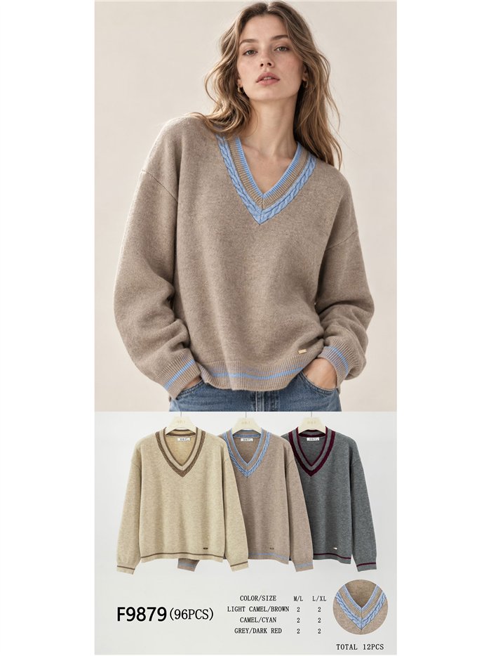 Jersey cuello pico trenzado contraste