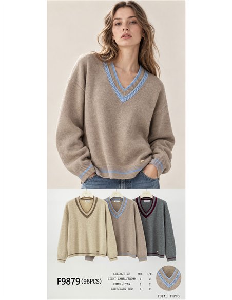 Jersey cuello pico trenzado contraste