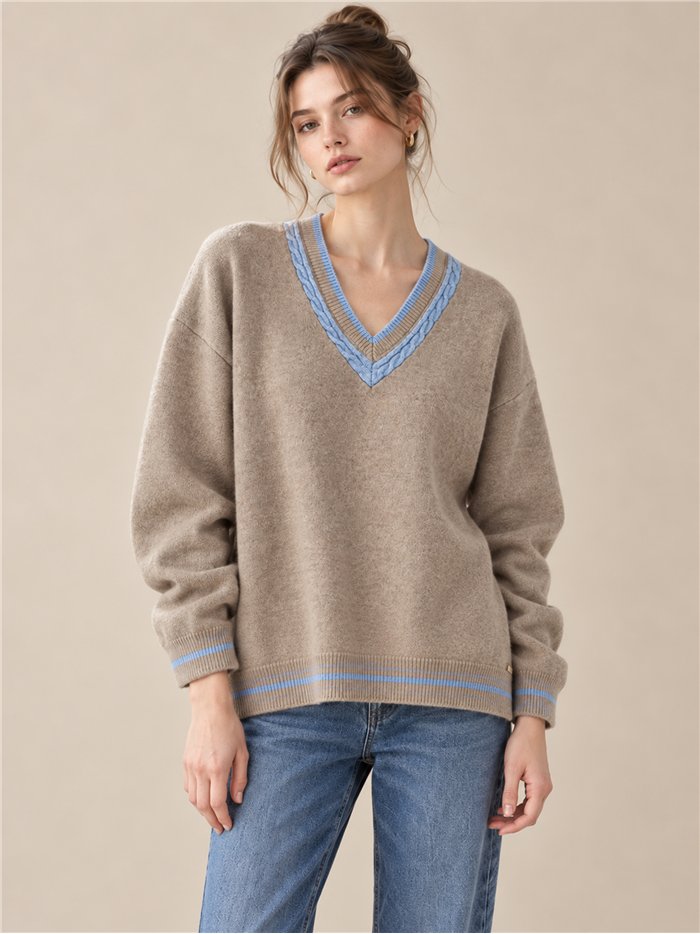 Jersey cuello pico trenzado contraste
