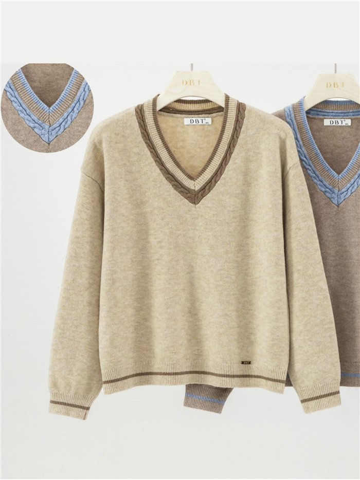 Jersey cuello pico trenzado contraste